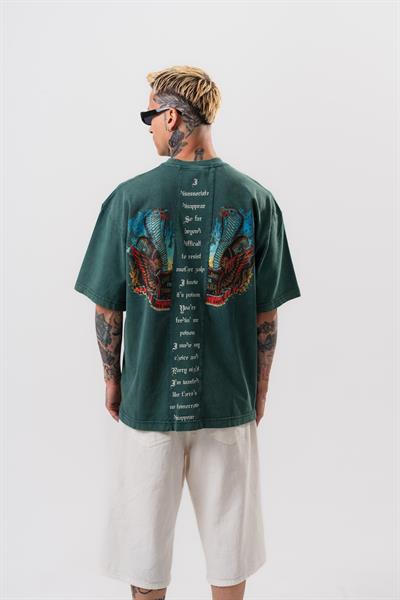 Erkek Snake Baskılı Yıkamalı Oversize T-Shirt Yeşil