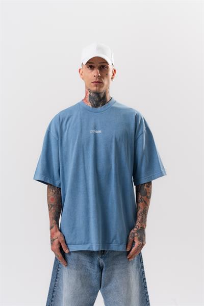 Erkek Snake Baskılı Yıkamalı Oversize T-Shirt Mavi
