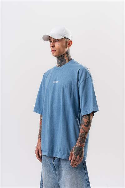 Erkek Snake Baskılı Yıkamalı Oversize T-Shirt Mavi