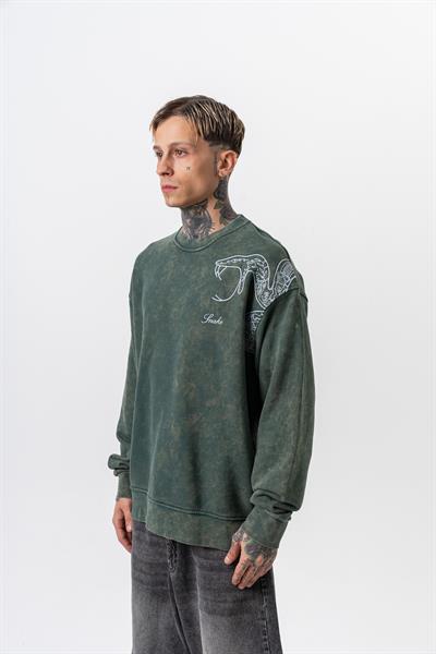 Erkek Snake Nakışlı Yıkamalı Bisiklet Yaka Oversize Sweatshirt Yeşil