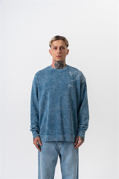 Erkek Snake Nakışlı Yıkamalı Bisiklet Yaka Oversize Sweatshirt Petrol