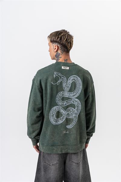 Erkek Snake Nakışlı Yıkamalı Bisiklet Yaka Oversize Sweatshirt Yeşil