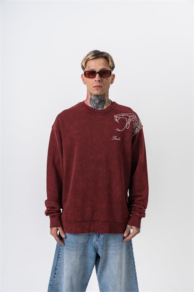 Erkek Snake Nakışlı Yıkamalı Bisiklet Yaka Oversize Sweatshirt Bordo