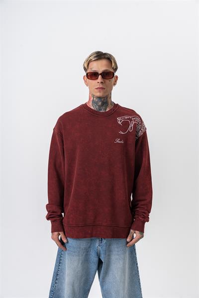 Erkek Snake Nakışlı Yıkamalı Bisiklet Yaka Oversize Sweatshirt Bordo