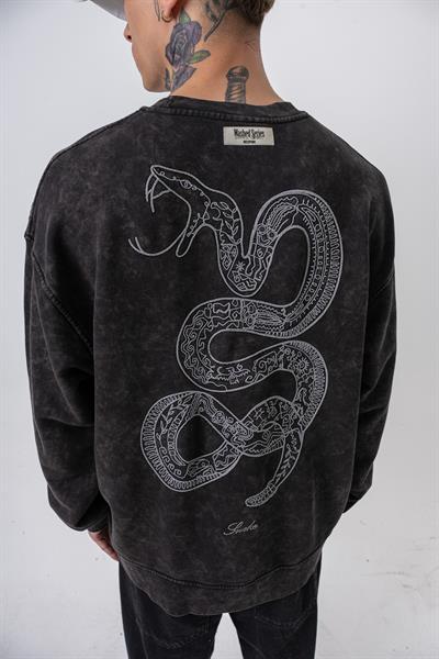 Erkek Snake Nakışlı Yıkamalı Bisiklet Yaka Oversize Sweatshirt Siyah
