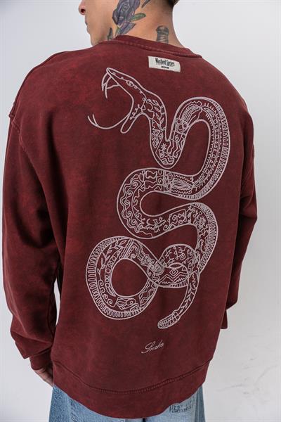 Erkek Snake Nakışlı Yıkamalı Bisiklet Yaka Oversize Sweatshirt Bordo