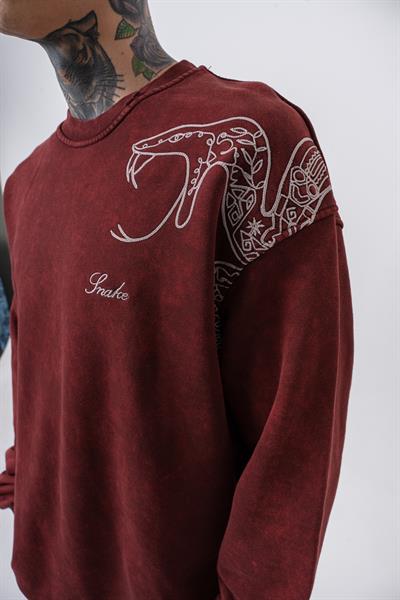 Erkek Snake Nakışlı Yıkamalı Bisiklet Yaka Oversize Sweatshirt Bordo
