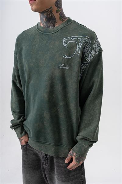 Erkek Snake Nakışlı Yıkamalı Bisiklet Yaka Oversize Sweatshirt Yeşil