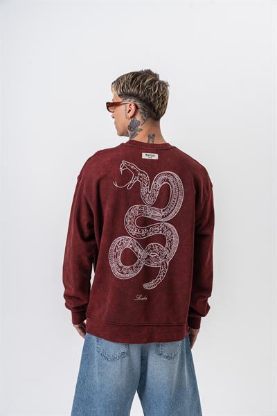 Erkek Snake Nakışlı Yıkamalı Bisiklet Yaka Oversize Sweatshirt Bordo