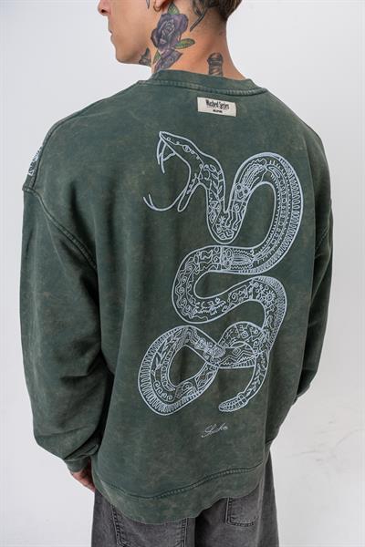 Erkek Snake Nakışlı Yıkamalı Bisiklet Yaka Oversize Sweatshirt Yeşil