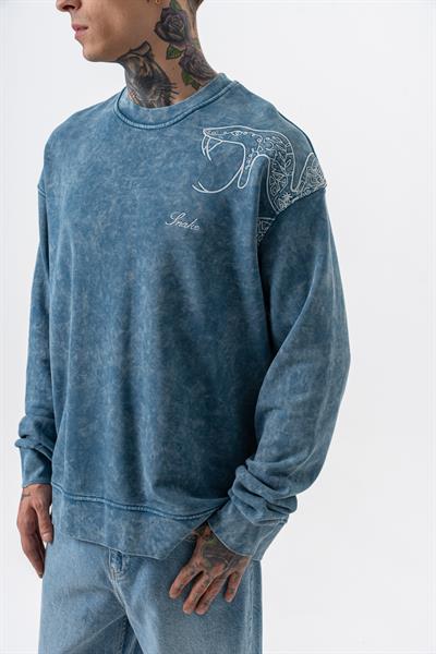 Erkek Snake Nakışlı Yıkamalı Bisiklet Yaka Oversize Sweatshirt Petrol
