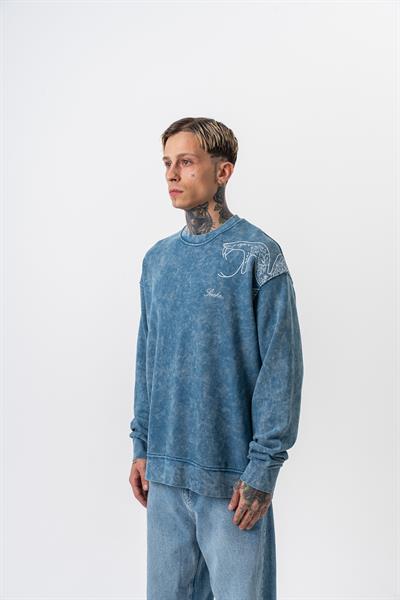 Erkek Snake Nakışlı Yıkamalı Bisiklet Yaka Oversize Sweatshirt Petrol