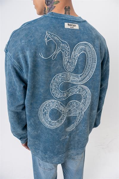 Erkek Snake Nakışlı Yıkamalı Bisiklet Yaka Oversize Sweatshirt Petrol