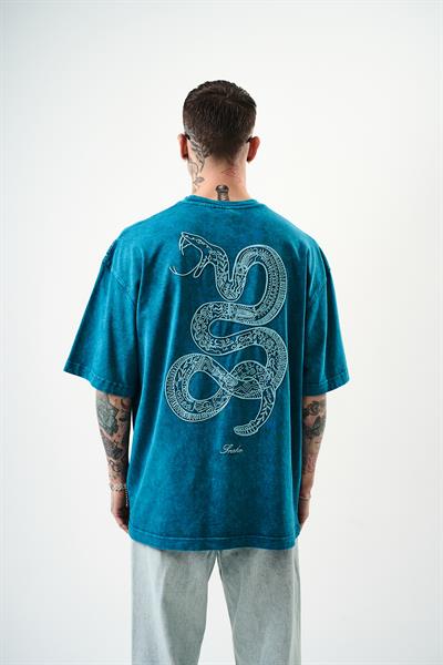 Erkek Snake Nakışlı Yıkamalı Oversize T-Shirt Petrol