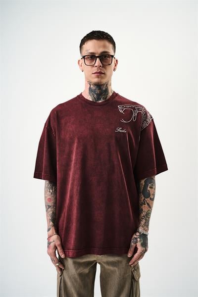 Erkek Snake Nakışlı Yıkamalı Oversize T-Shirt Bordo