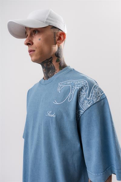 Erkek Snake Nakışlı Yıkamalı Oversize T-Shirt Mavi