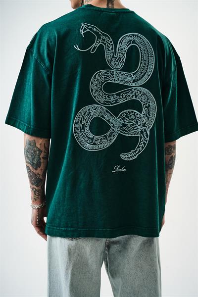 Erkek Snake Nakışlı Yıkamalı Oversize T-Shirt Yeşil