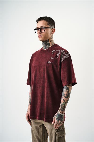 Erkek Snake Nakışlı Yıkamalı Oversize T-Shirt Bordo
