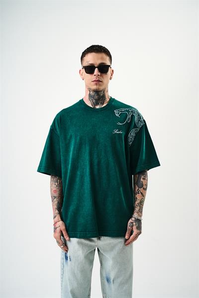 Erkek Snake Nakışlı Yıkamalı Oversize T-Shirt Yeşil