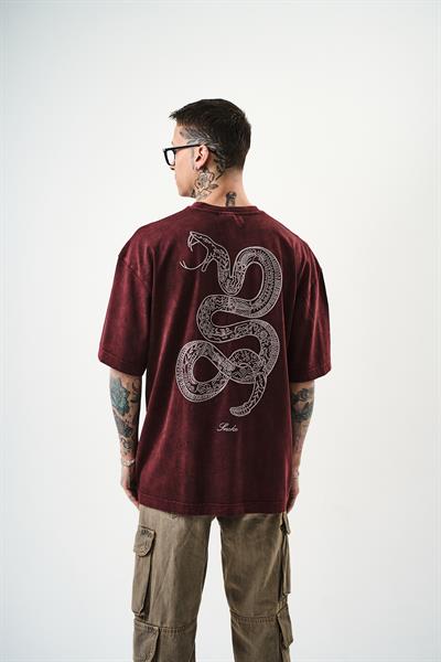 Erkek Snake Nakışlı Yıkamalı Oversize T-Shirt Bordo