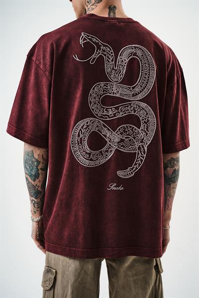 Erkek Snake Nakışlı Yıkamalı Oversize T-Shirt Bordo