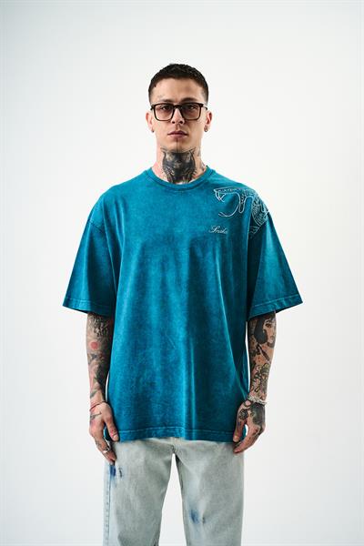 Erkek Snake Nakışlı Yıkamalı Oversize T-Shirt Petrol