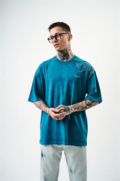 Erkek Snake Nakışlı Yıkamalı Oversize T-Shirt Petrol
