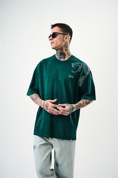 Erkek Snake Nakışlı Yıkamalı Oversize T-Shirt Yeşil