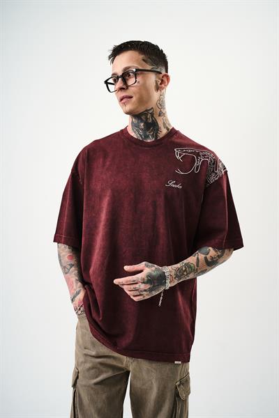 Erkek Snake Nakışlı Yıkamalı Oversize T-Shirt Bordo