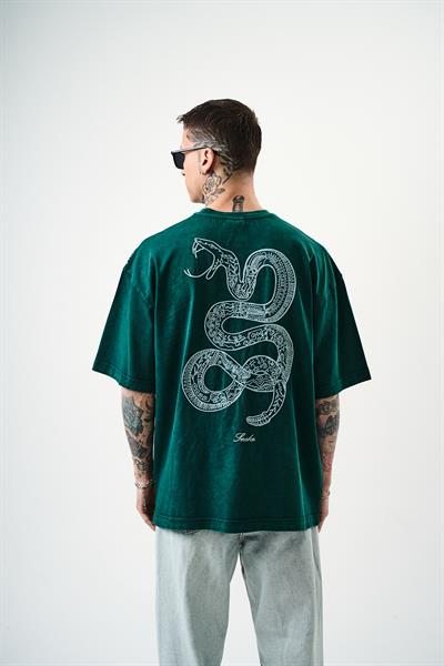 Erkek Snake Nakışlı Yıkamalı Oversize T-Shirt Yeşil
