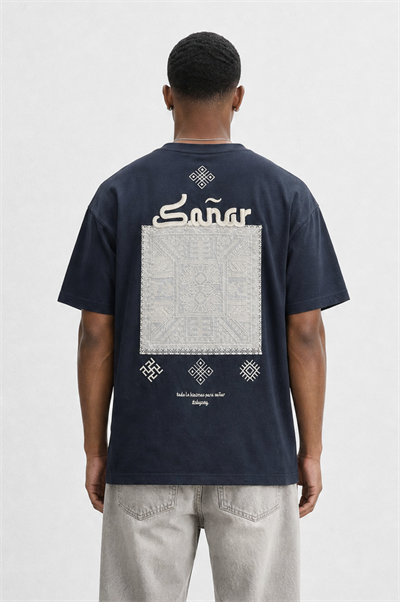 Erkek Sonar Nakış Detaylı Oversize T-Shirt Siyah