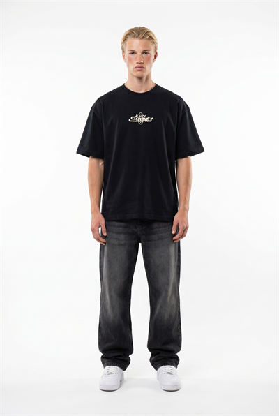 Erkek Sonar Nakış Detaylı Oversize T-Shirt Siyah