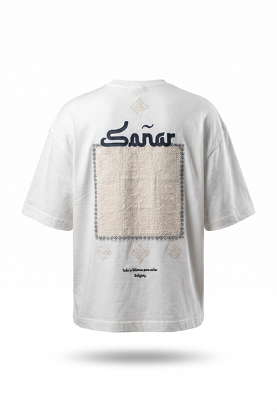 Erkek Sonar Nakış Detaylı Oversize T-Shirt Ekru