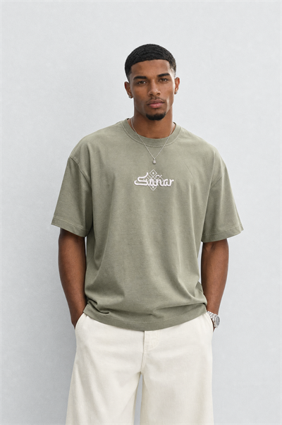 Erkek Sonar Nakış Detaylı Oversize T-Shirt Haki