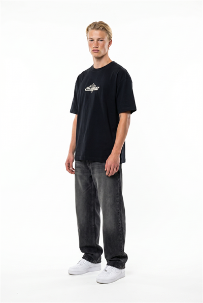 Erkek Sonar Nakış Detaylı Oversize T-Shirt Siyah