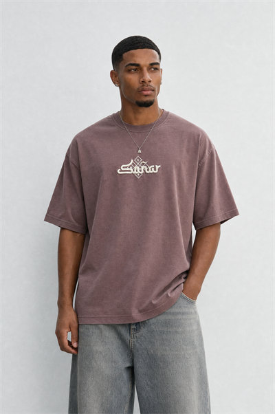 Erkek Sonar Nakış Detaylı Oversize T-Shirt Kahve