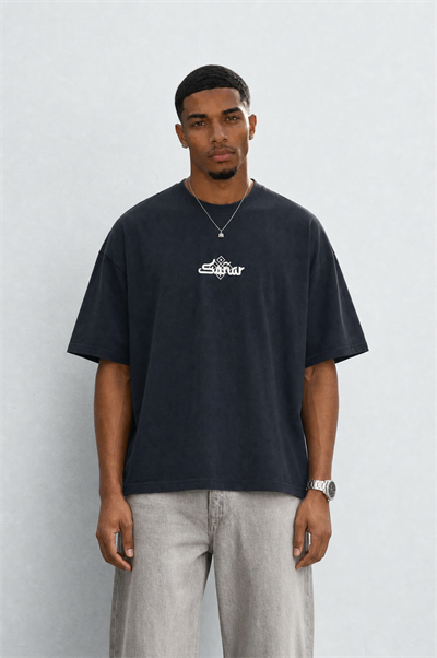Erkek Sonar Nakış Detaylı Oversize T-Shirt Siyah