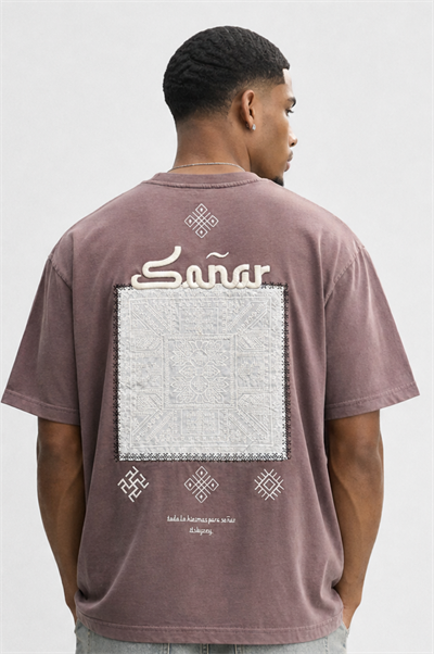 Erkek Sonar Nakış Detaylı Oversize T-Shirt Kahve