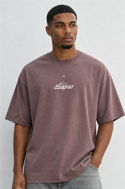 Erkek Sonar Nakış Detaylı Oversize T-Shirt Kahve