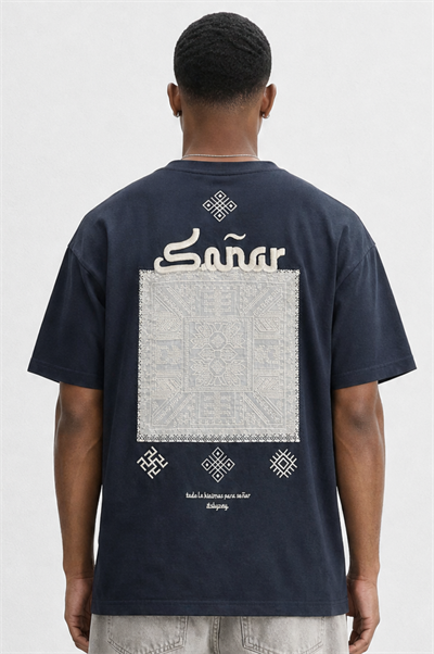 Erkek Sonar Nakış Detaylı Oversize T-Shirt Siyah