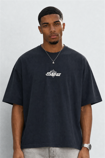 Erkek Sonar Nakış Detaylı Oversize T-Shirt Siyah