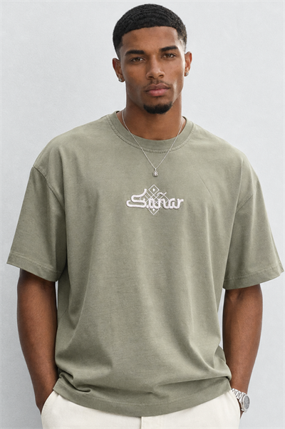 Erkek Sonar Nakış Detaylı Oversize T-Shirt Haki