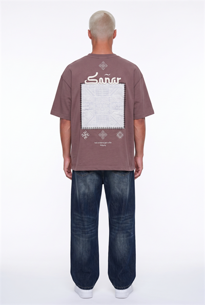 Erkek Sonar Nakış Detaylı Oversize T-Shirt Kahve