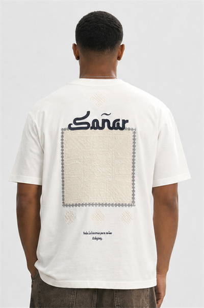 Erkek Sonar Nakış Detaylı Oversize T-Shirt Ekru