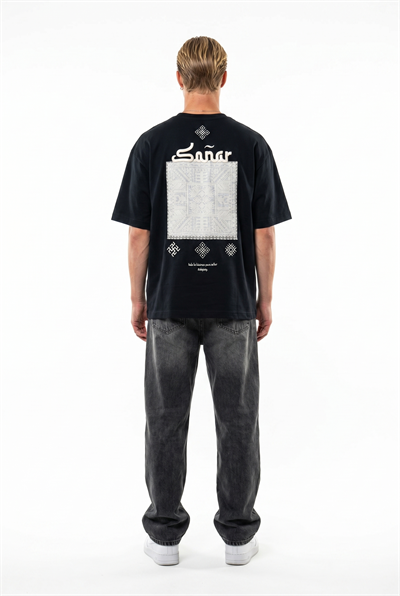 Erkek Sonar Nakış Detaylı Oversize T-Shirt Siyah