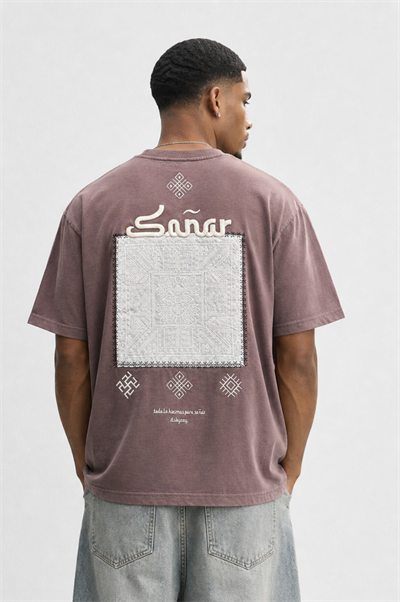 Erkek Sonar Nakış Detaylı Oversize T-Shirt Kahve