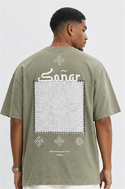 Erkek Sonar Nakış Detaylı Oversize T-Shirt Haki