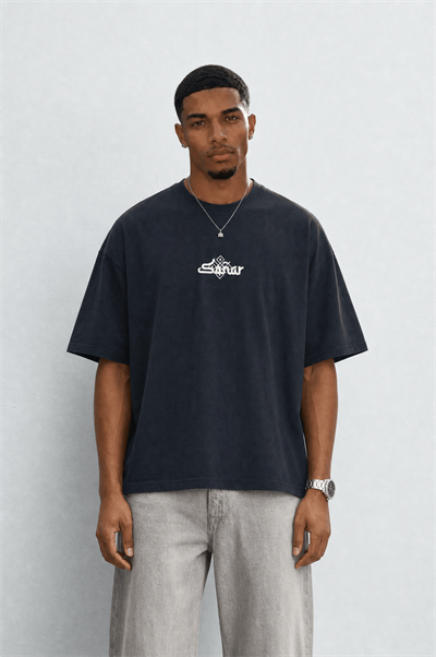 Erkek Sonar Nakış Detaylı Oversize T-Shirt Siyah