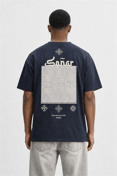 Erkek Sonar Nakış Detaylı Oversize T-Shirt Siyah