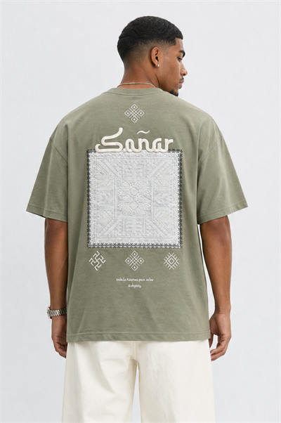 Erkek Sonar Nakış Detaylı Oversize T-Shirt Haki